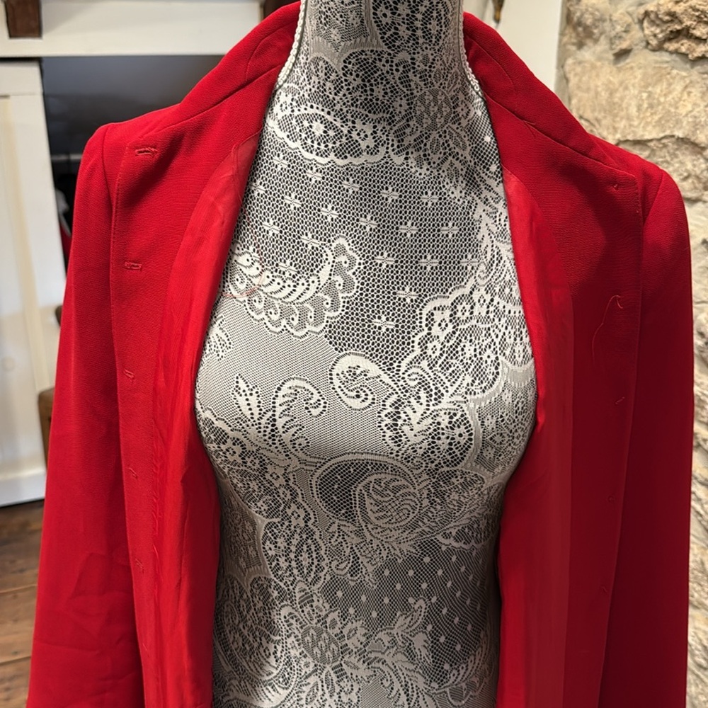 Elegant Red Women's Long Lined Rhinestone Front Buttoned Jacket - Picture 6 of 10